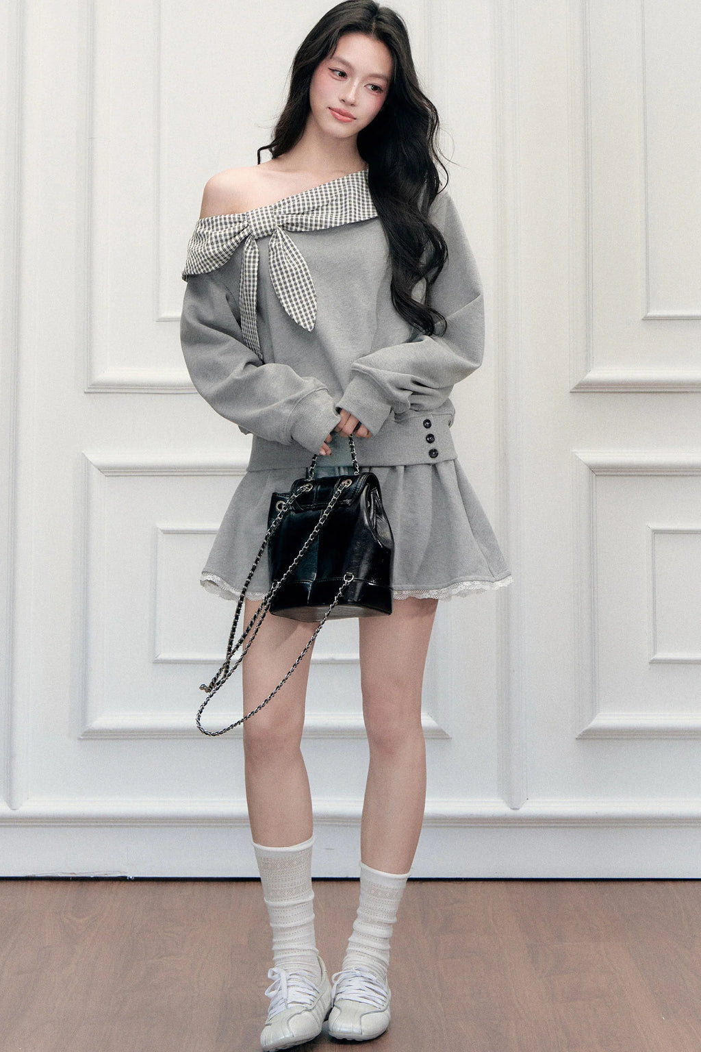 Plaid Patchwork Off-Shoulder Sweatshirt and Skirt Set-Up