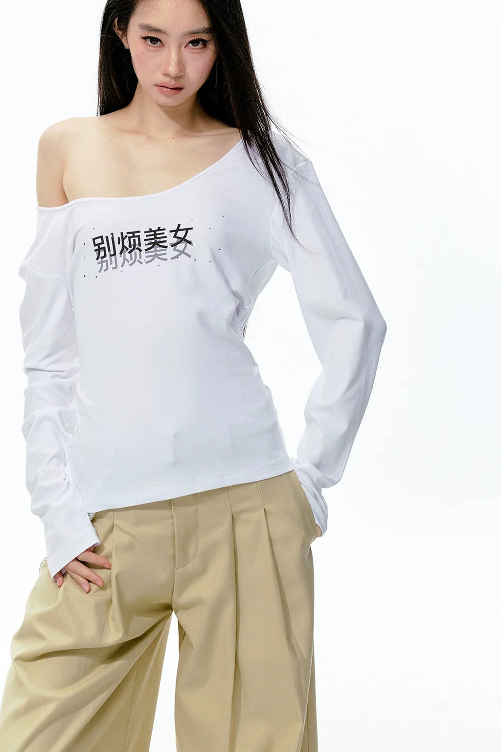 Rhinestone Print Knit Long-Sleeve T-Shirt