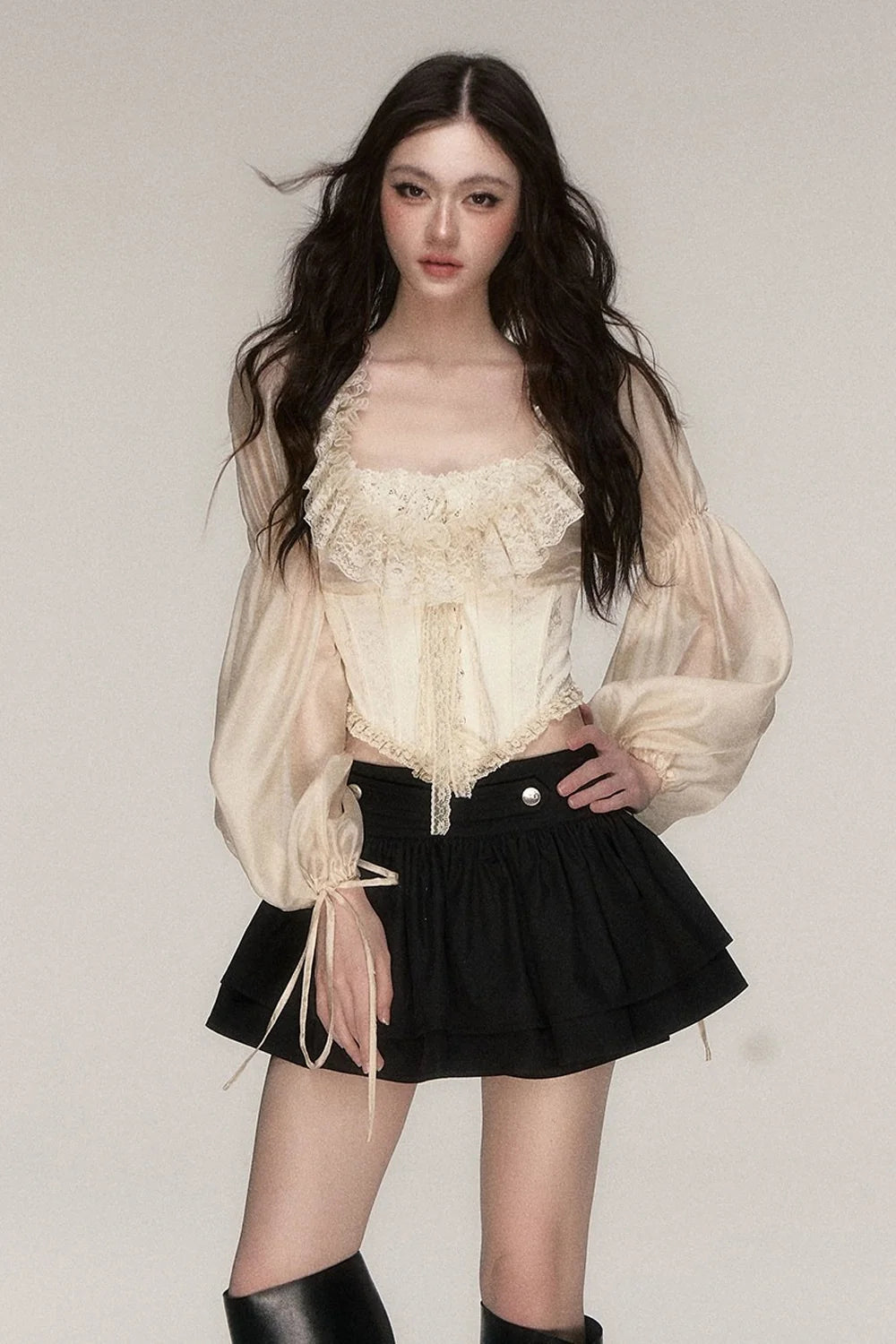 Beige Lace Jacquard Corset Lace-Up Top