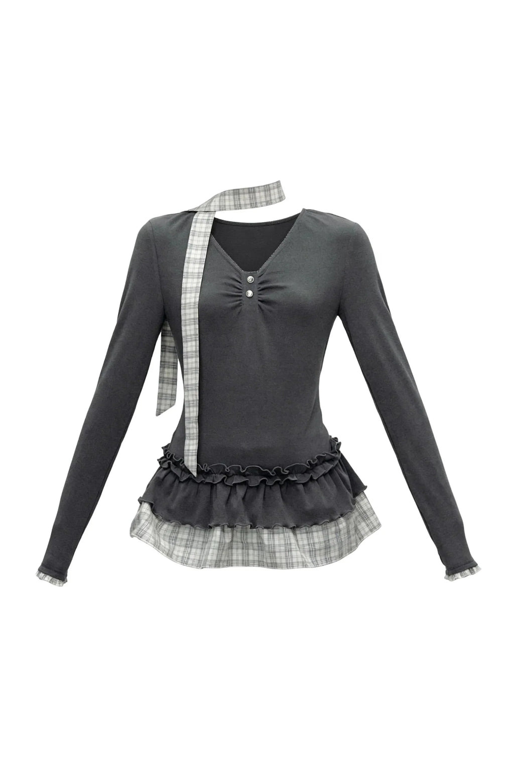 V-Neck Plaid Ruffled T-Shirt and Pants Set-Up