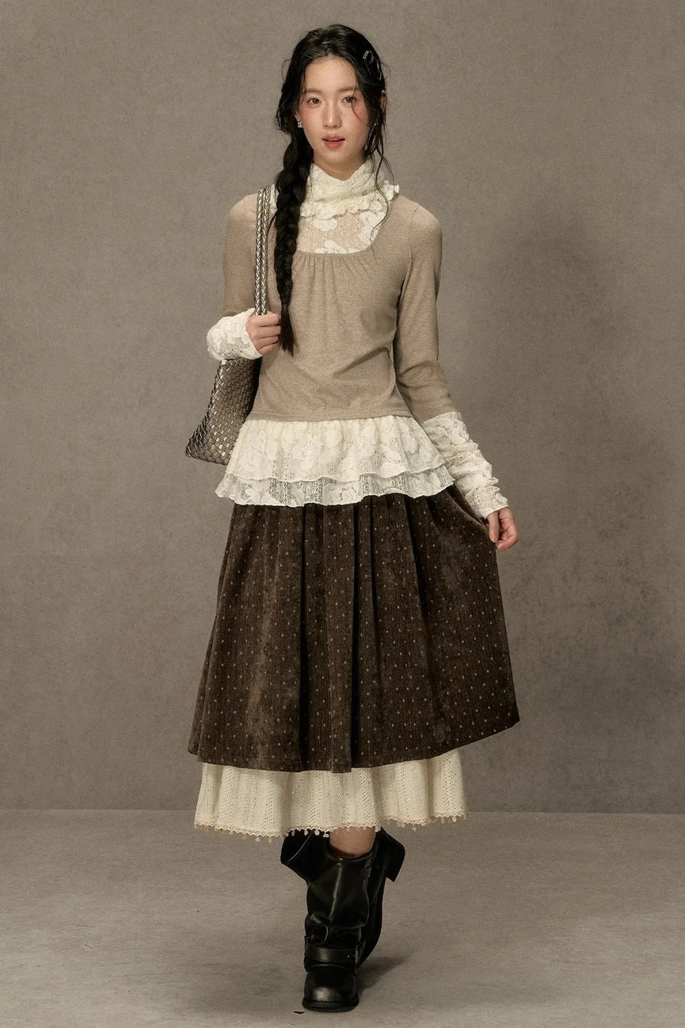 High-Neck Lace Edging Base Layer Top