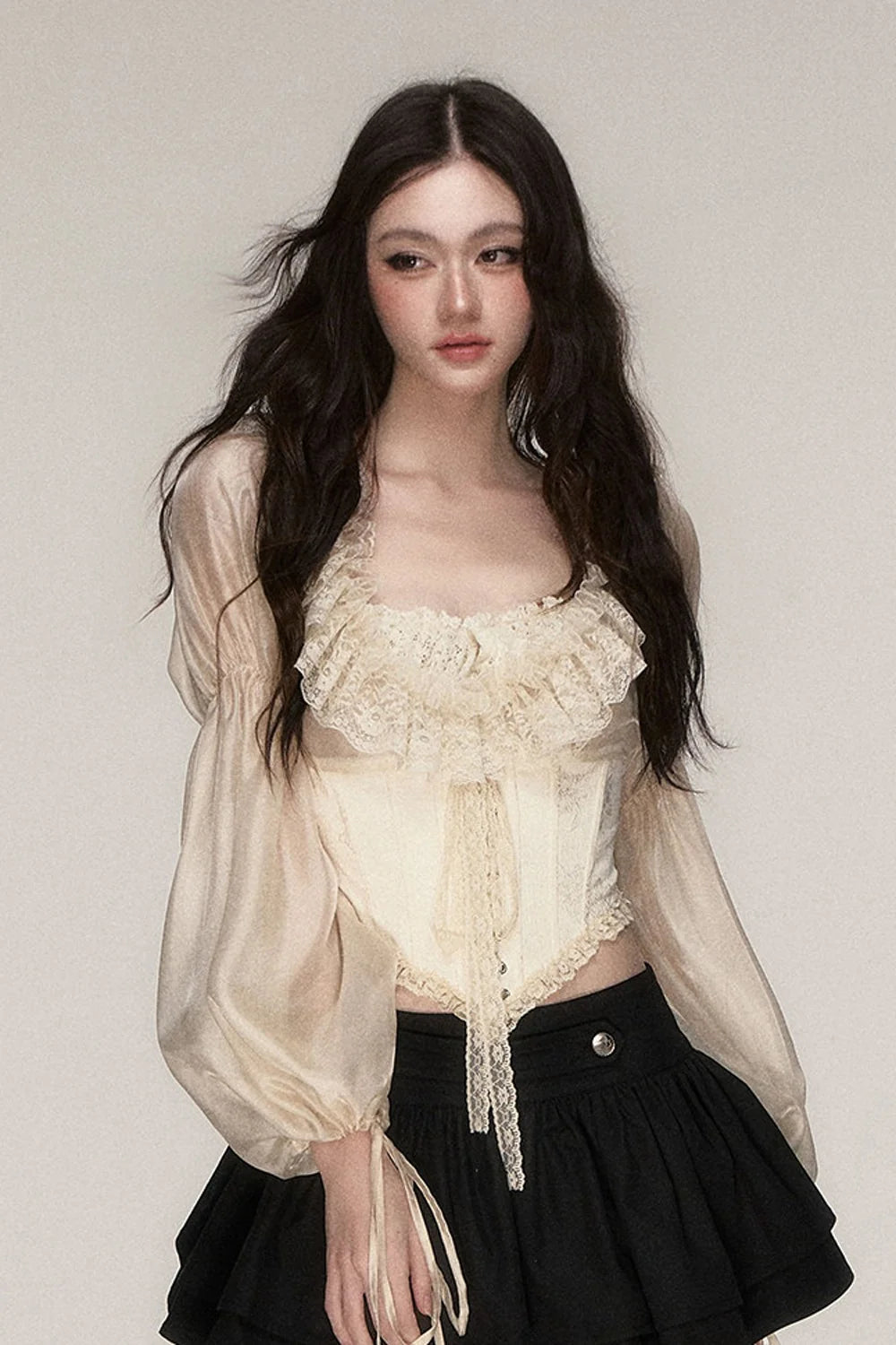 Beige Lace Jacquard Corset Lace-Up Top