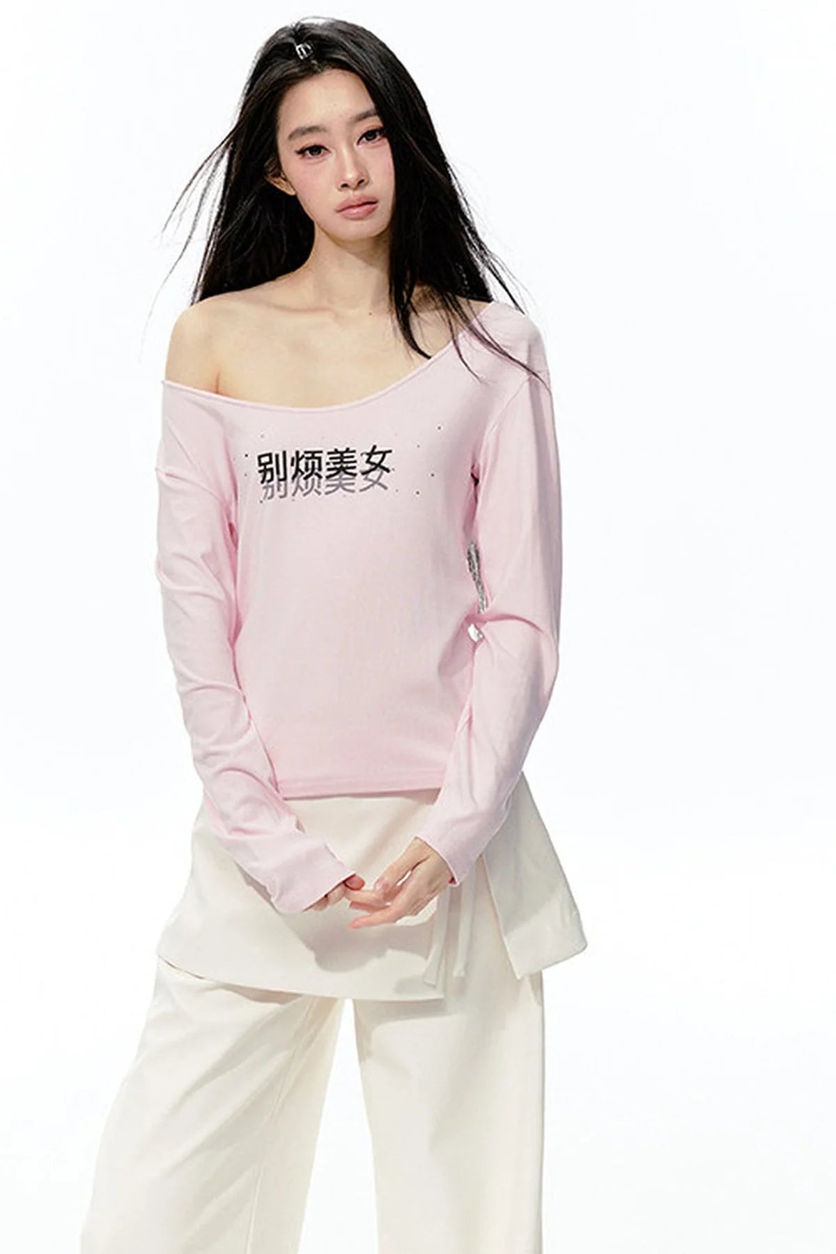 Rhinestone Print Knit Long-Sleeve T-Shirt