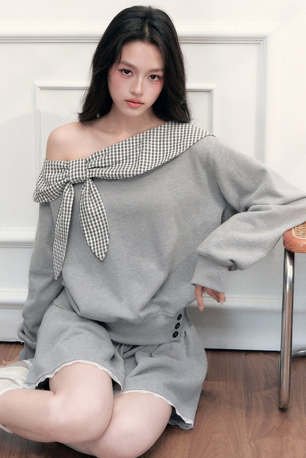 Plaid Patchwork Off-Shoulder Sweatshirt and Skirt Set-Up