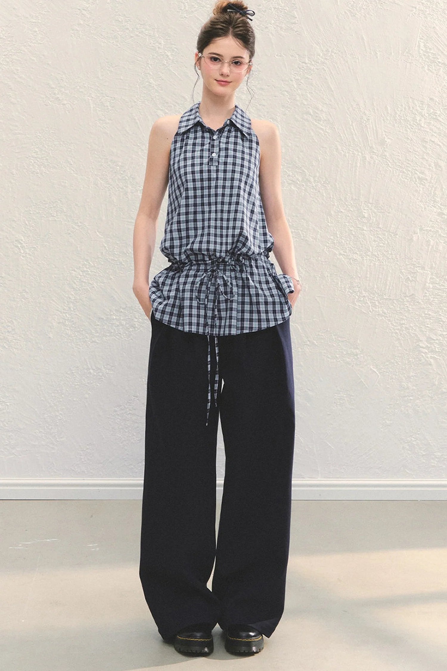 Plaid Sleeveless Halter Drawstring Top Set-Up