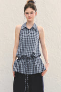 Plaid Sleeveless Halter Drawstring Top Set-Up