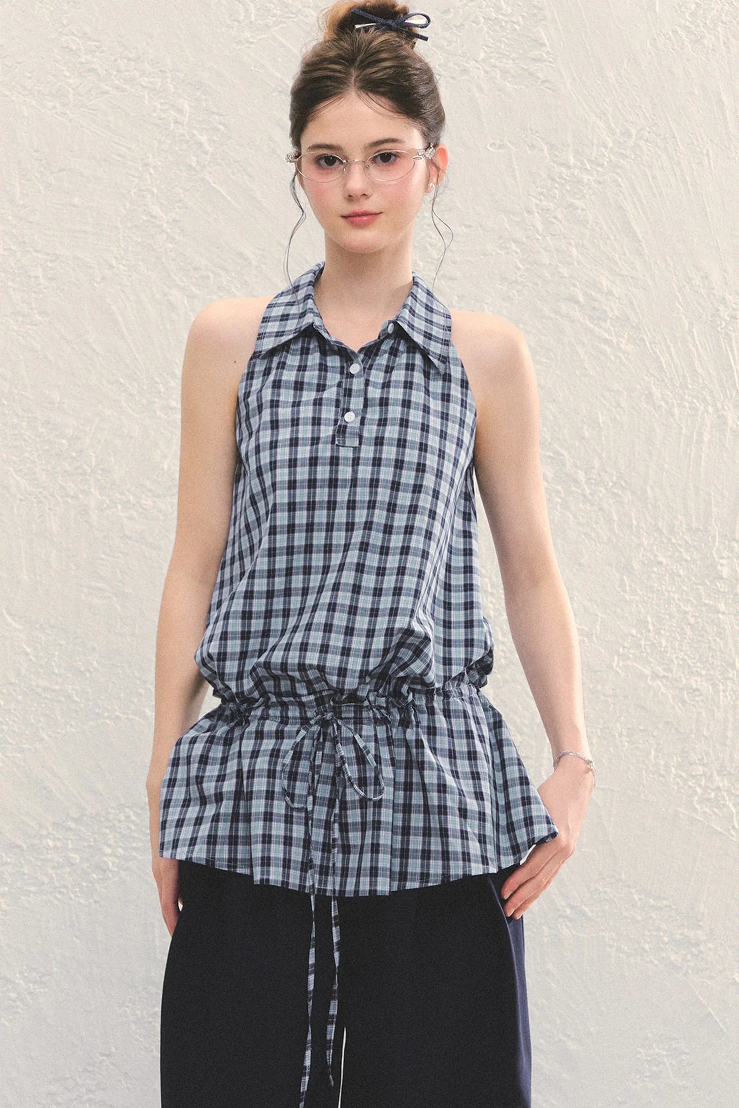 Plaid Sleeveless Halter Drawstring Top Set-Up