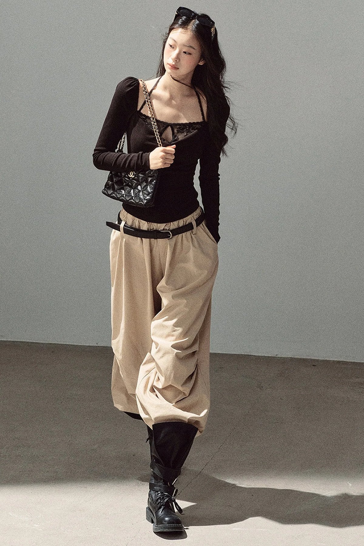 Layered-Look Long-Sleeve Halter Lace T-Shirt