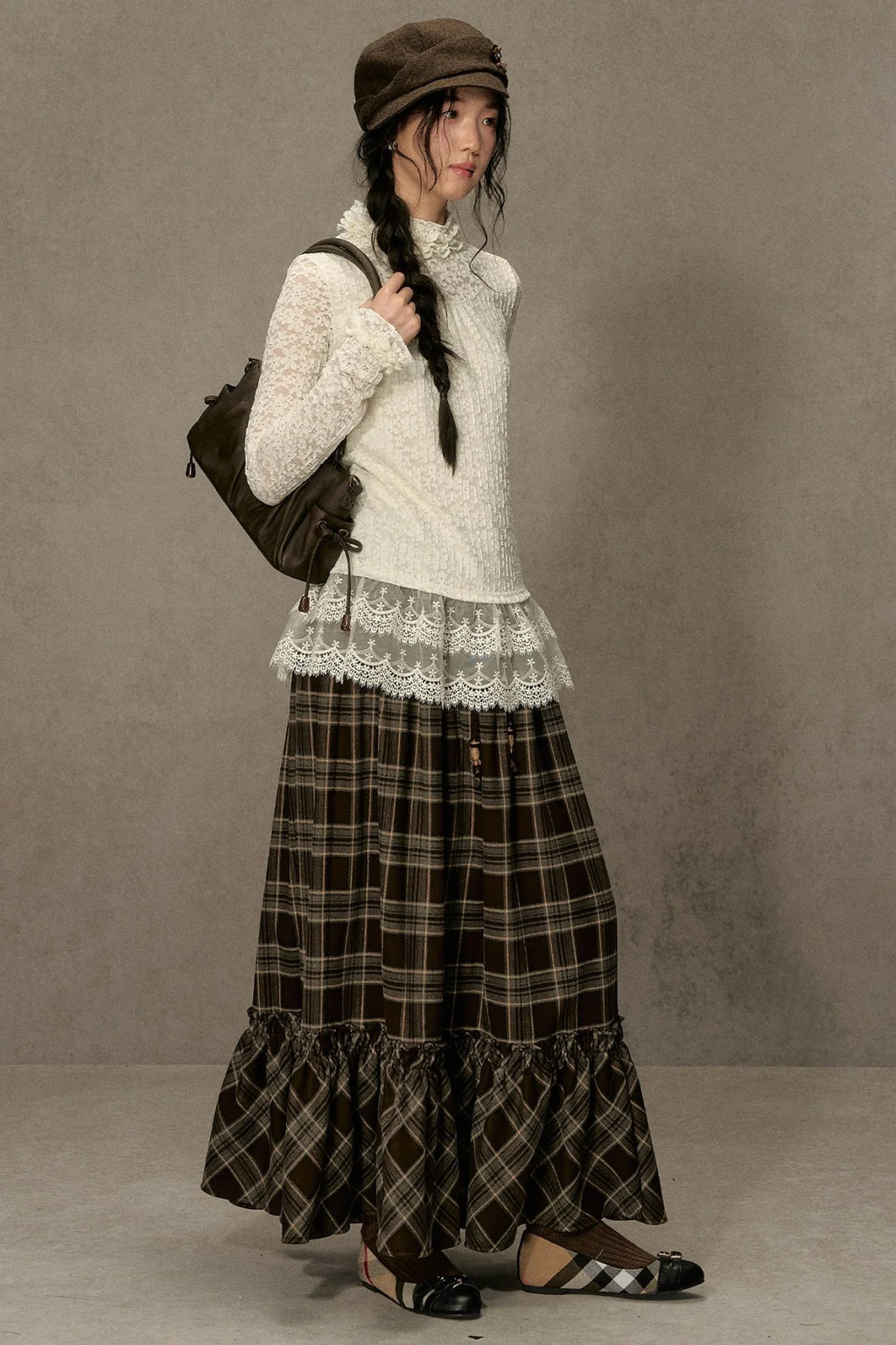 Elastic Waist Plaid Ruffle Skirt
