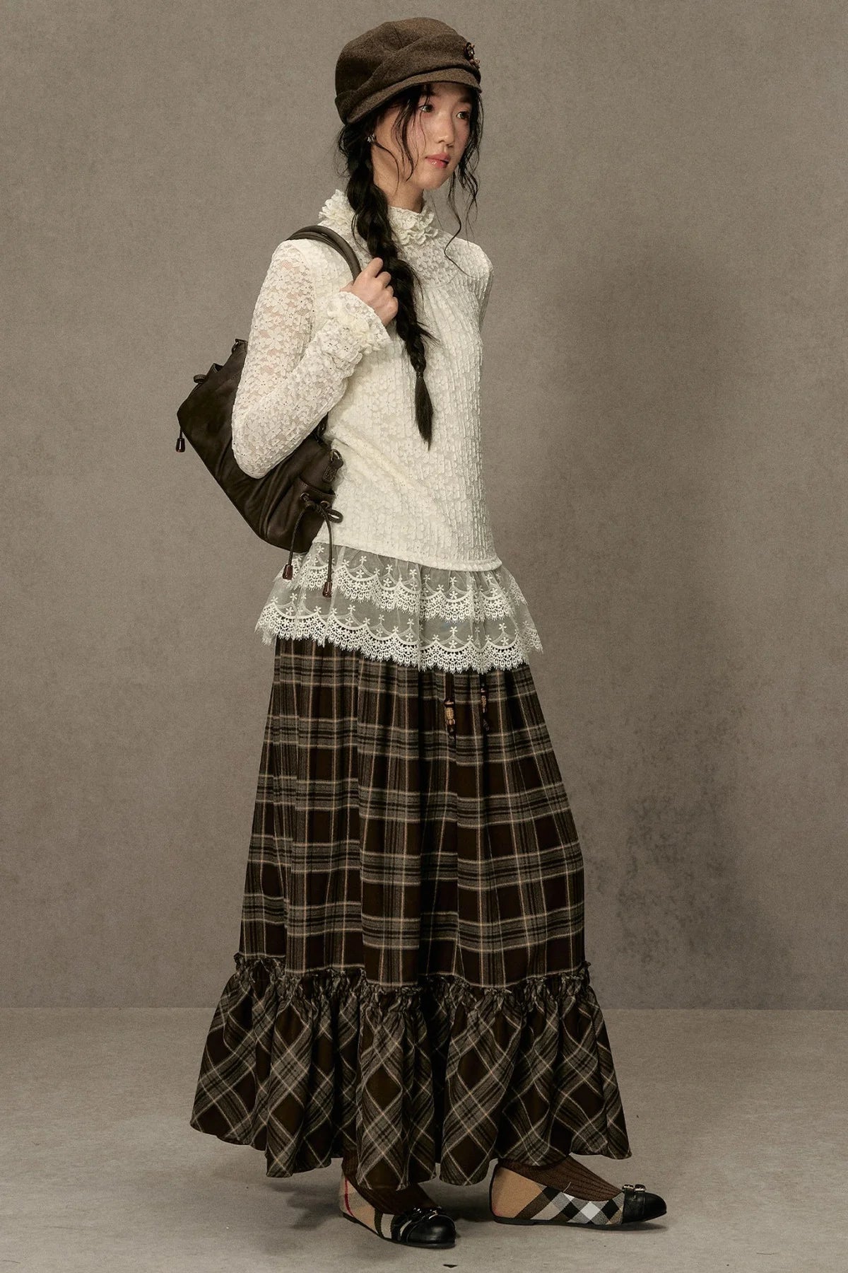 Elastic Waist Plaid Ruffle Skirt