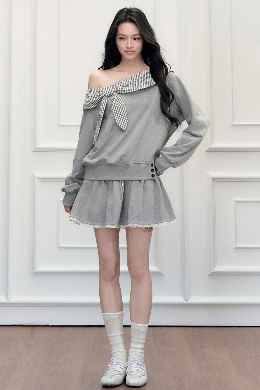 Plaid Patchwork Off-Shoulder Sweatshirt and Skirt Set-Up