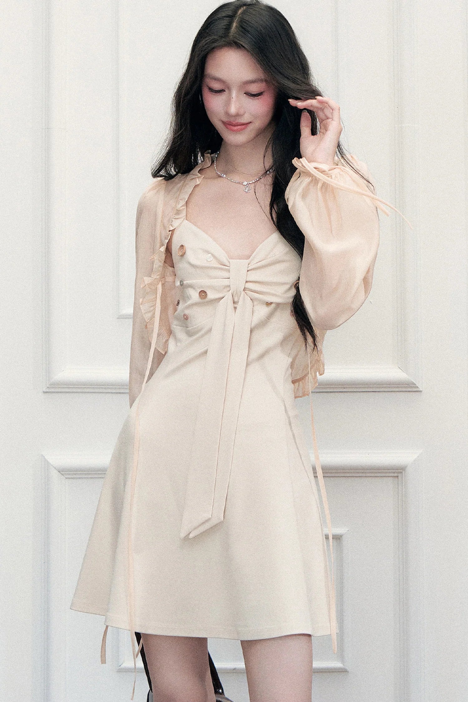 Ruffled Cardigan and V-Neck Dress Set-Up