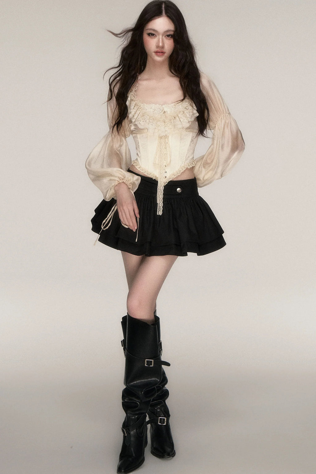 Beige Lace Jacquard Corset Lace-Up Top