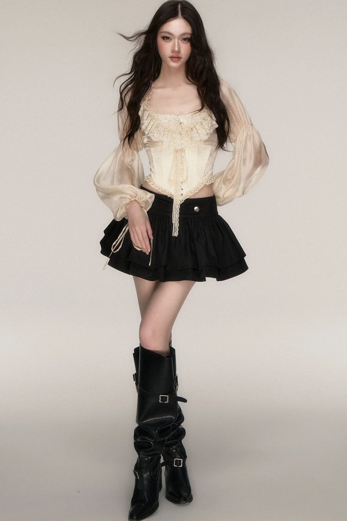 Beige Lace Jacquard Corset Lace-Up Top