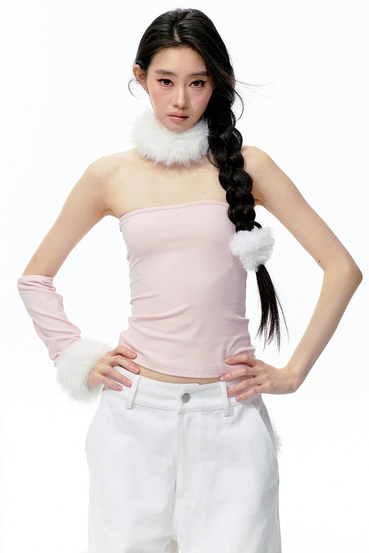 Detachable Fur Collar Knit Tube Top
