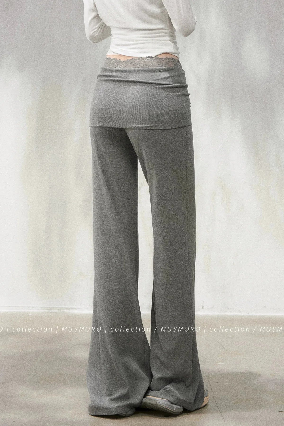 Lace Trim Folded Waistband Flared Pants