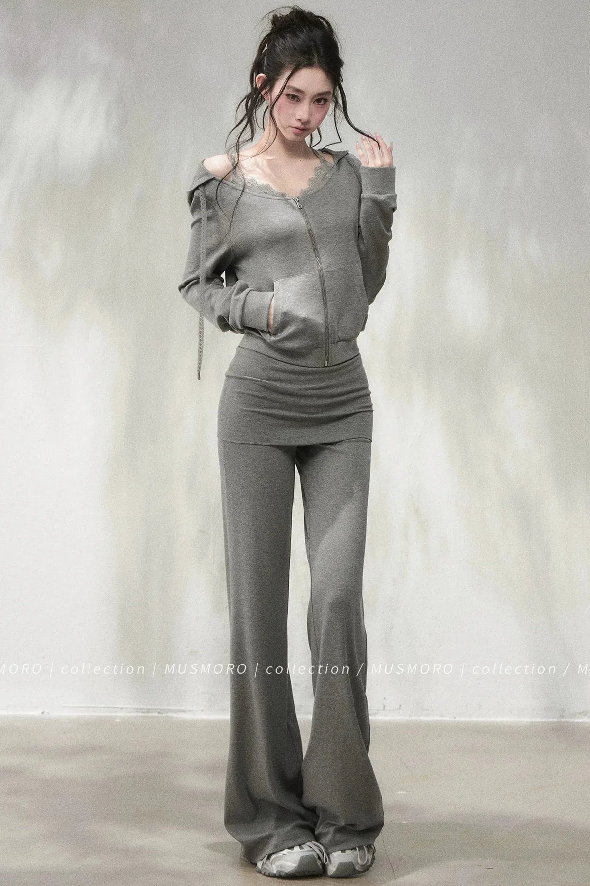 Lace Trim Folded Waistband Flared Pants