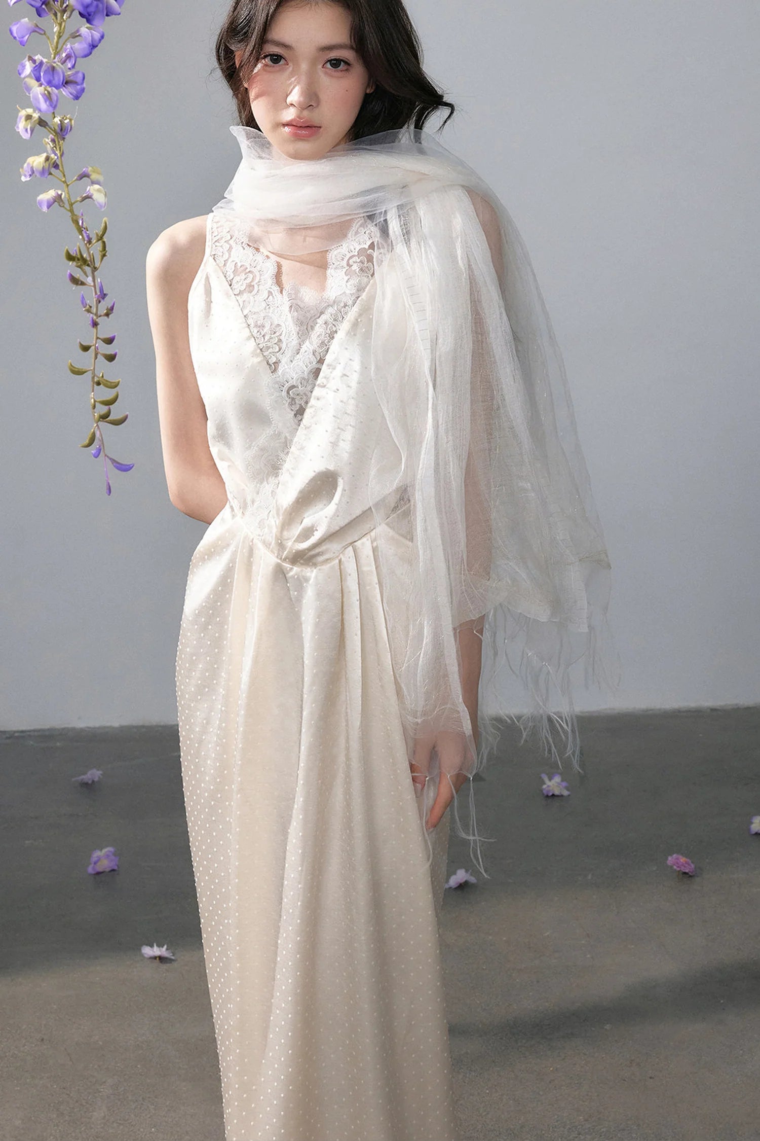 Satin Polka Dot Lace Long Dress