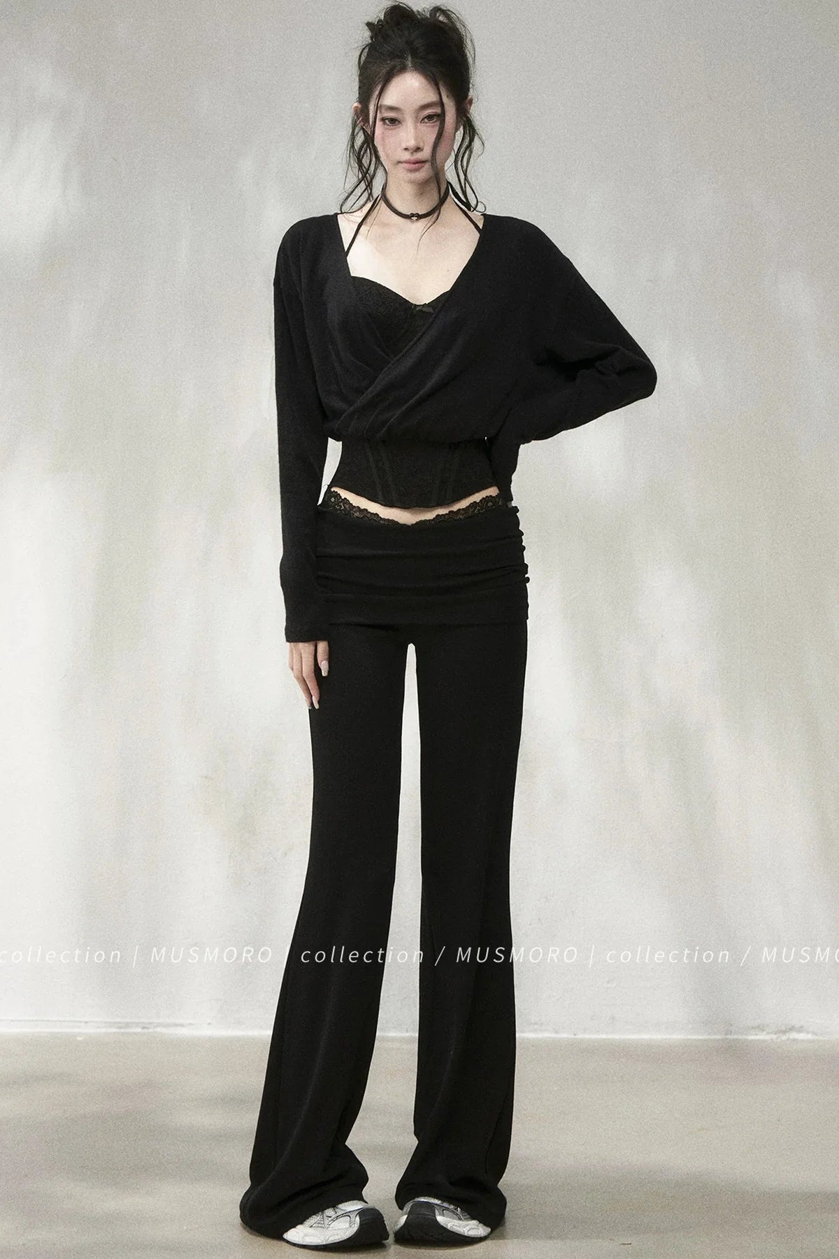 Lace Trim Folded Waistband Flared Pants