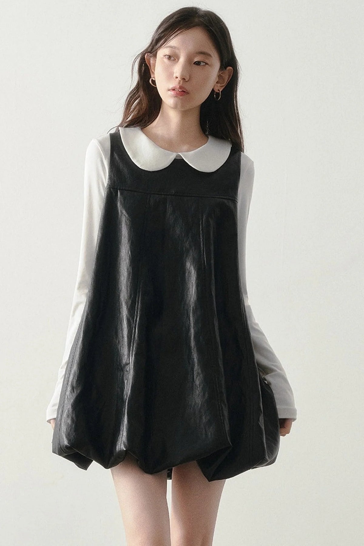 Black Leather-Like Peter Pan Dress