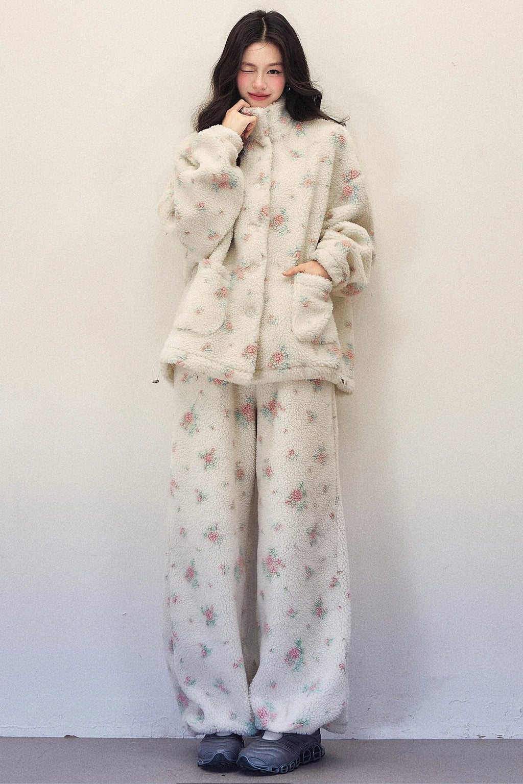 Floral Lamb Wool Jacket and Elastic Waist Wide-Leg Pants Set-Up