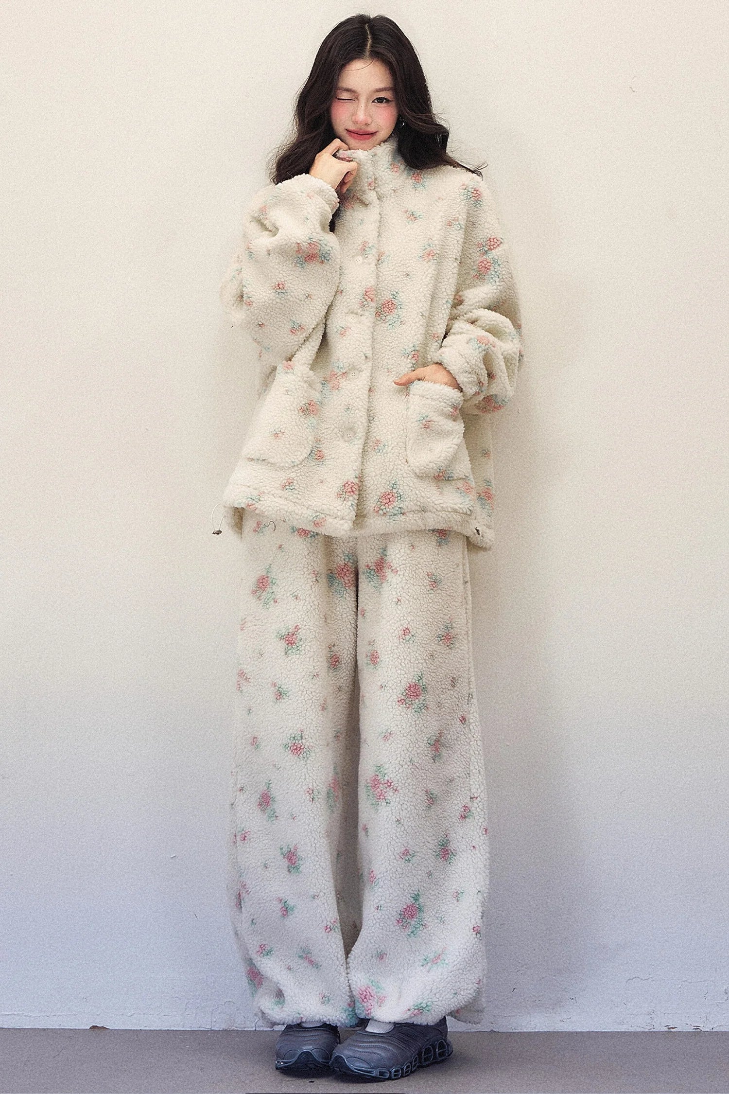 Floral Lamb Wool Jacket and Elastic Waist Wide-Leg Pants Set-Up