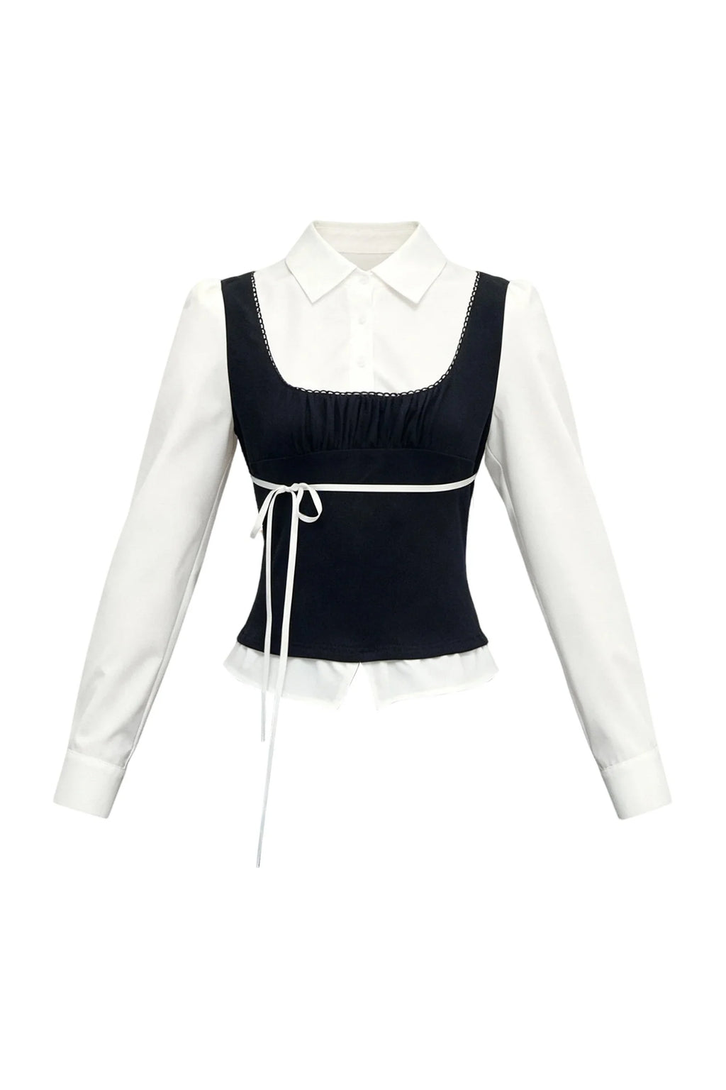 Retro Bow Layered-Look Top and Black Short Skirt Set-Up