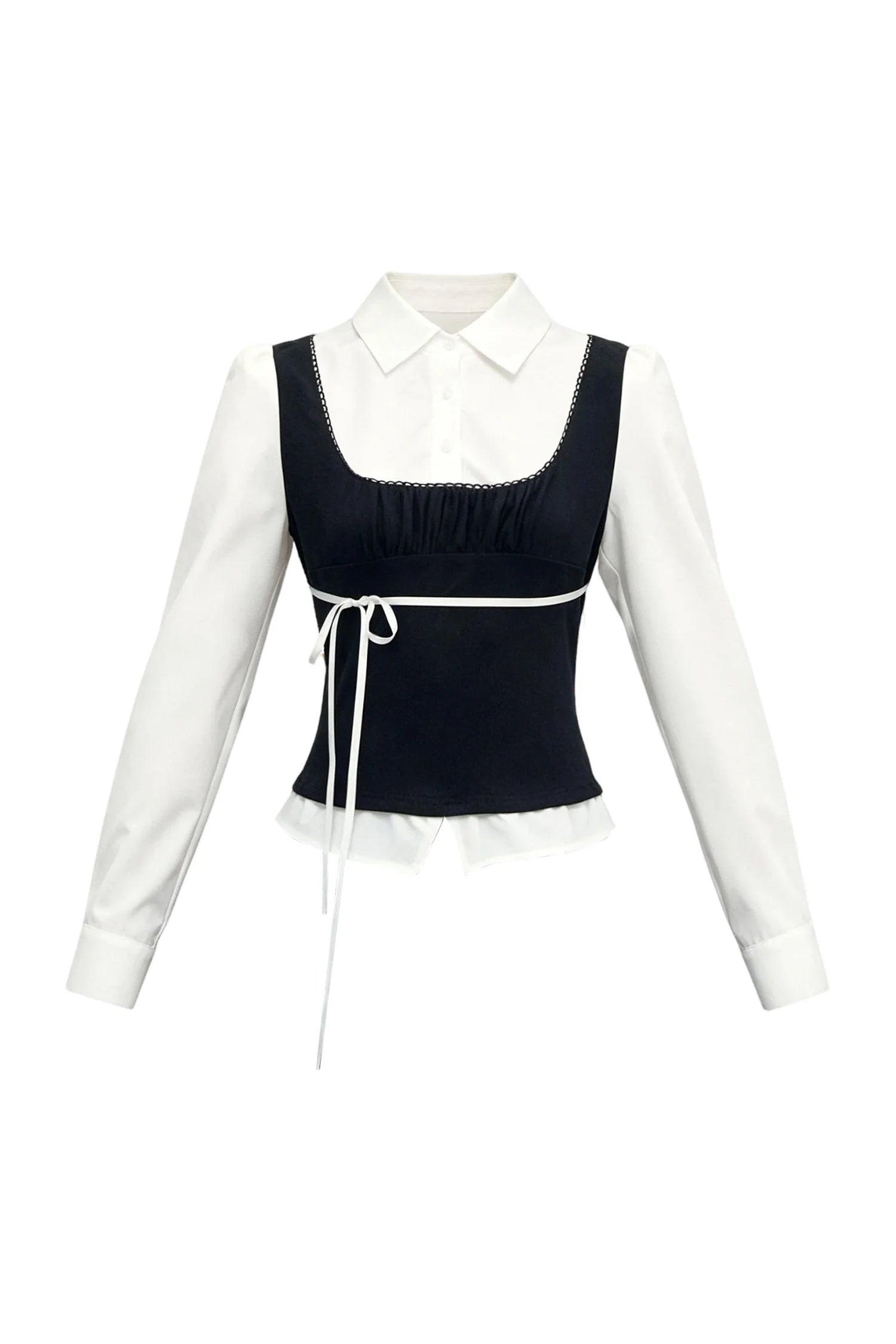 Retro Bow Layered-Look Top and Black Short Skirt Set-Up