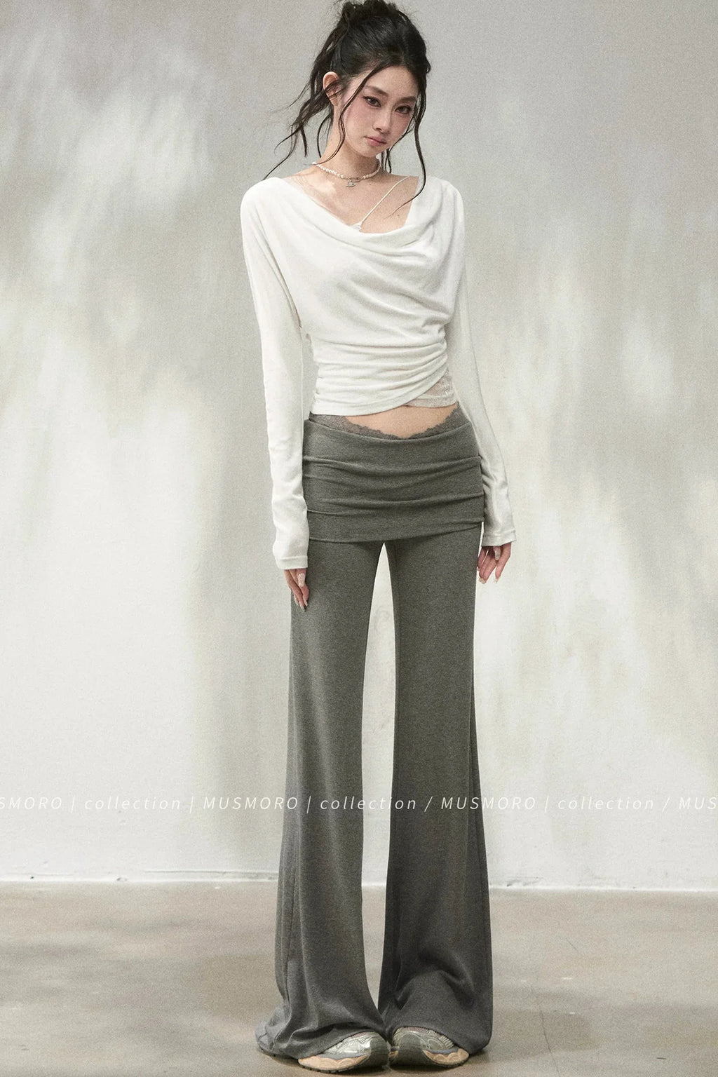 Lace Trim Folded Waistband Flared Pants