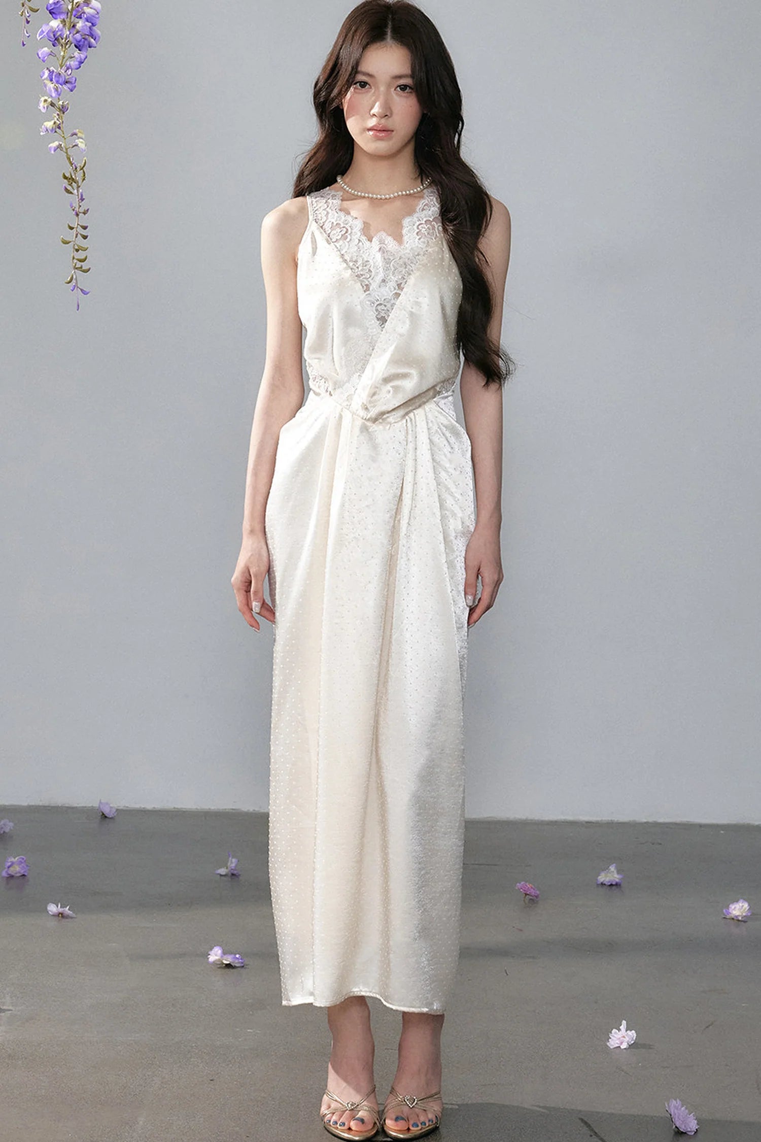 Satin Polka Dot Lace Long Dress