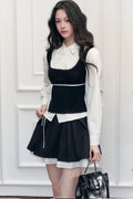 Retro Bow Layered-Look Top and Black Short Skirt Set-Up