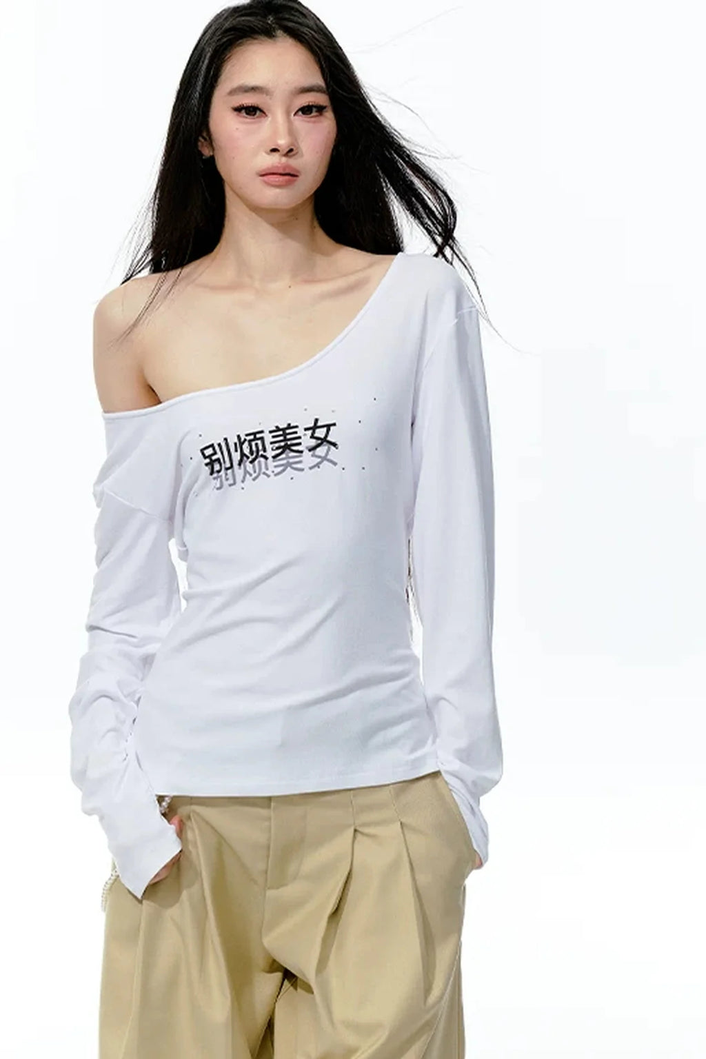 Rhinestone Print Knit Long-Sleeve T-Shirt