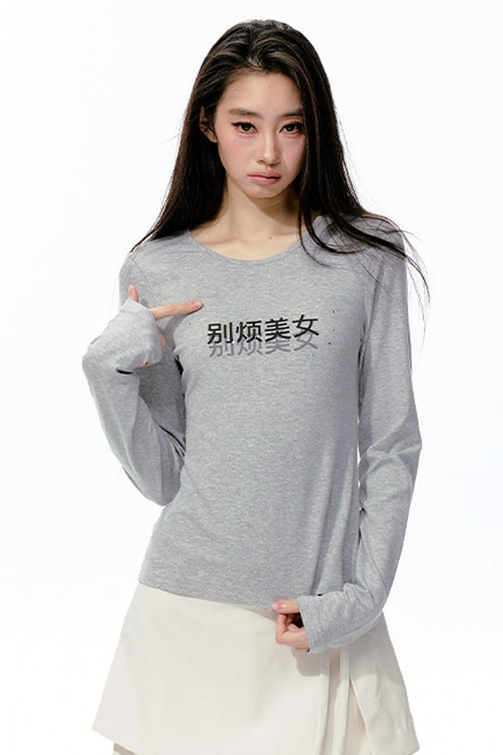 Rhinestone Print Knit Long-Sleeve T-Shirt