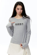 Rhinestone Print Knit Long-Sleeve T-Shirt