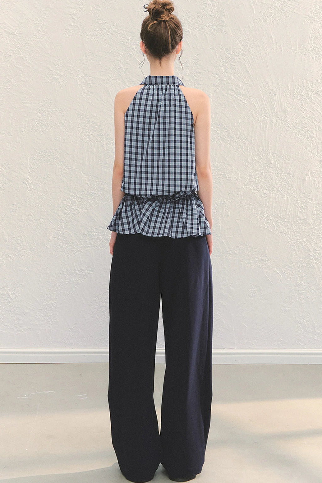 Plaid Sleeveless Halter Drawstring Top Set-Up