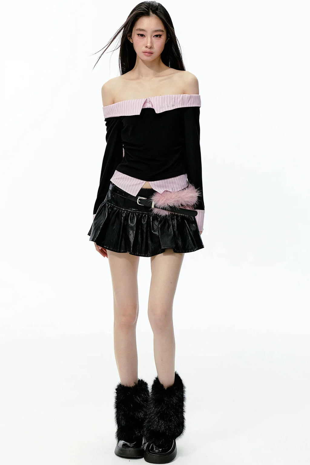 Black Pink Color-Blocked Off-Shoulder Ruched Top