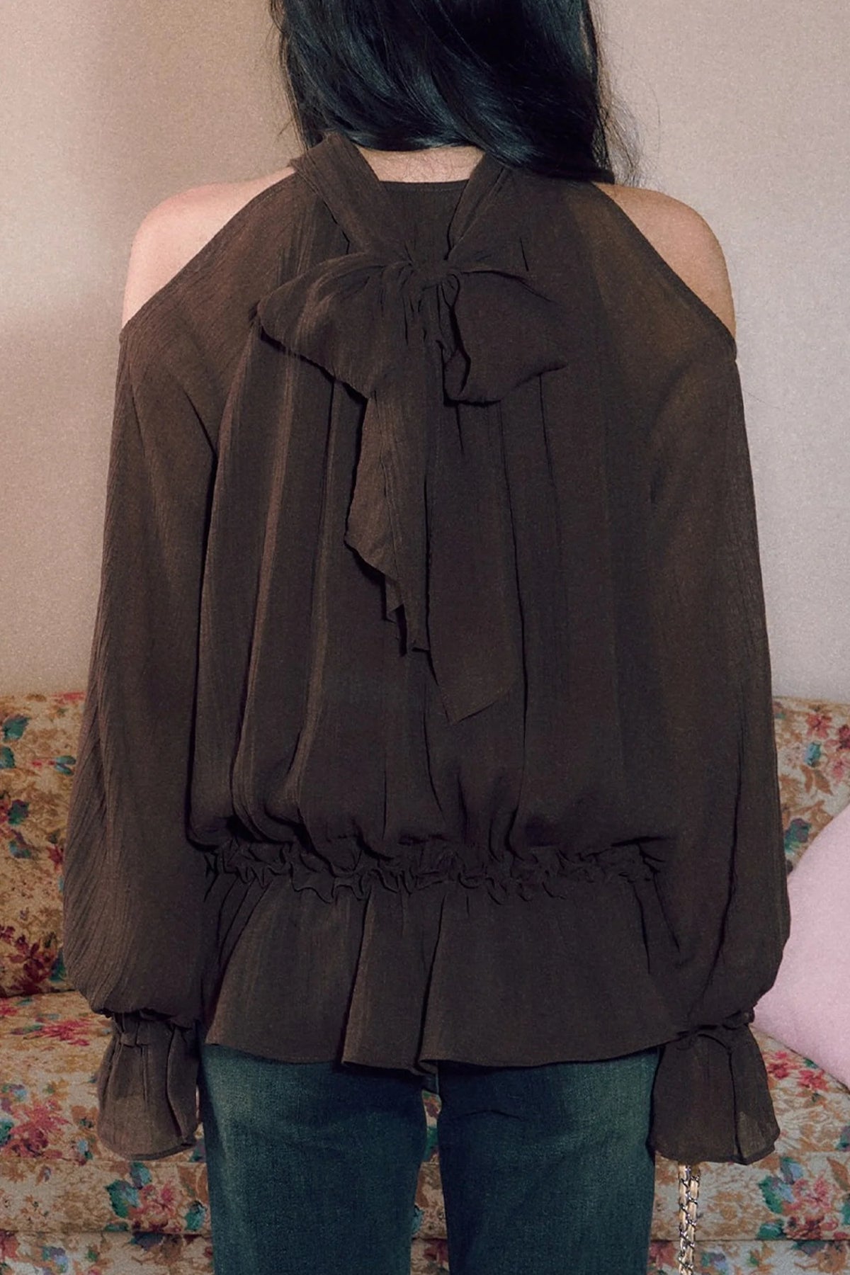 Retro Halterneck Off-Shoulder Ruffle Blouse