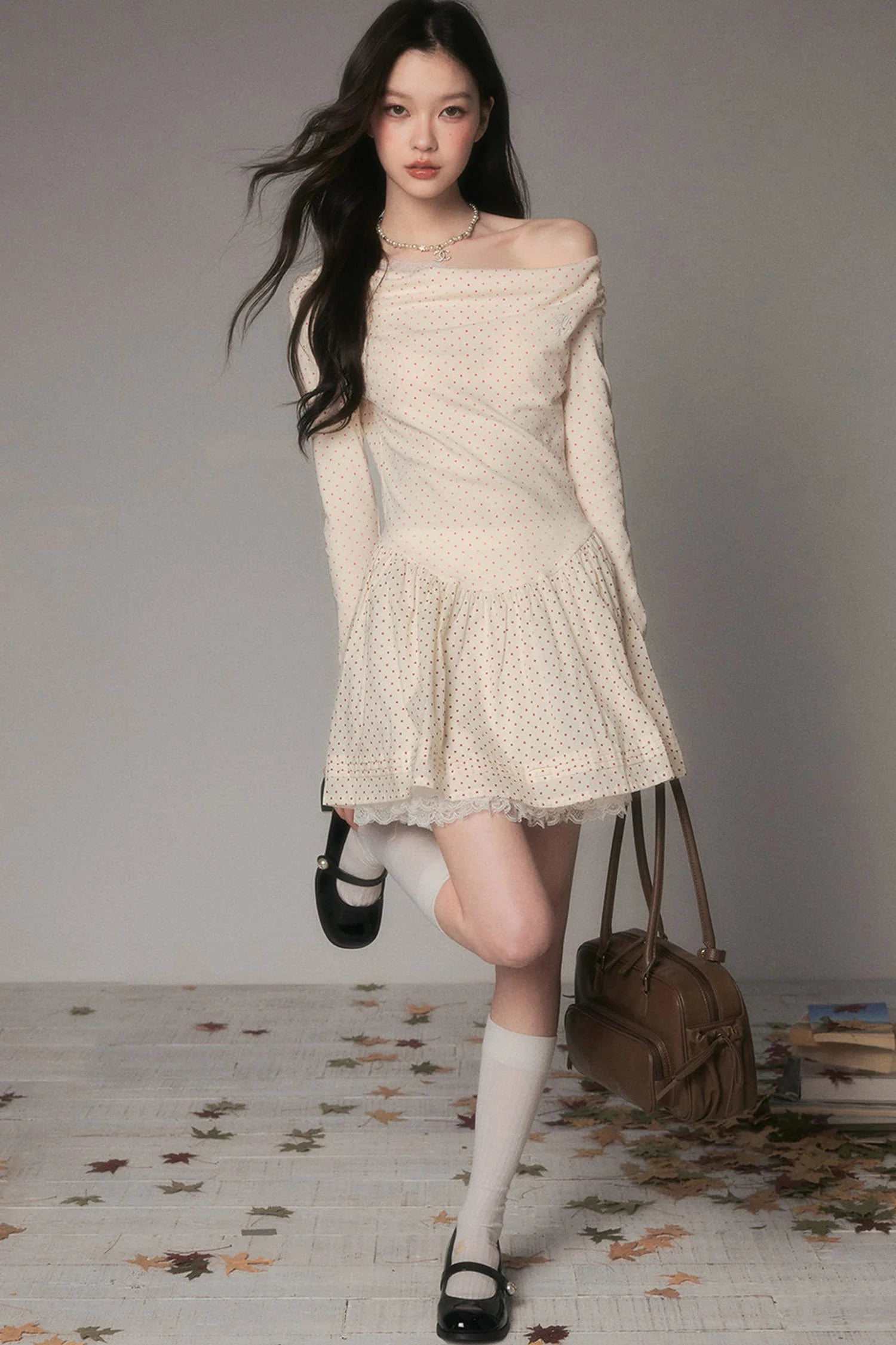Off-Shoulder Polka Dot Lace Patchwork Dress