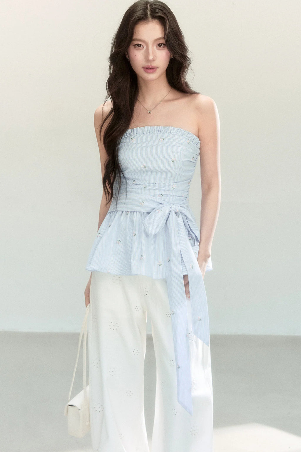 Sweet and Cute Striped Off-Shoulder Tube Top and Pants Set-Up