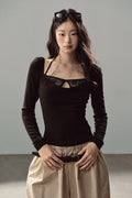 Layered-Look Long-Sleeve Halter Lace T-Shirt