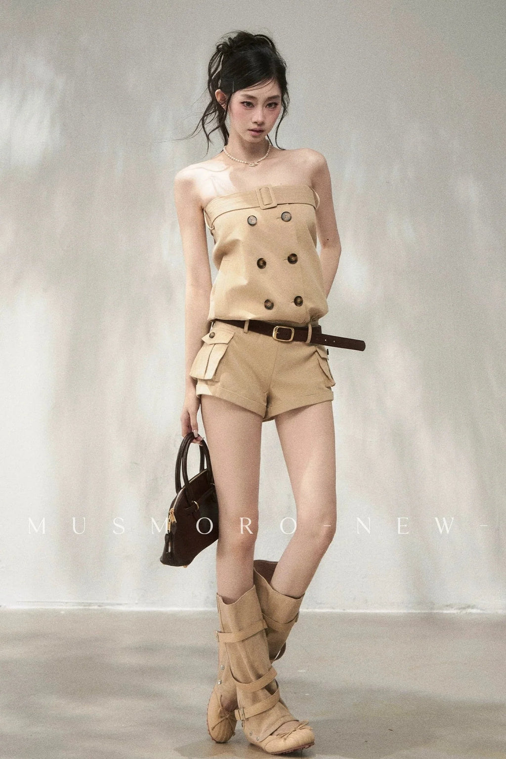 Khaki Double-Breasted Strapless Cargo Jumpsuit