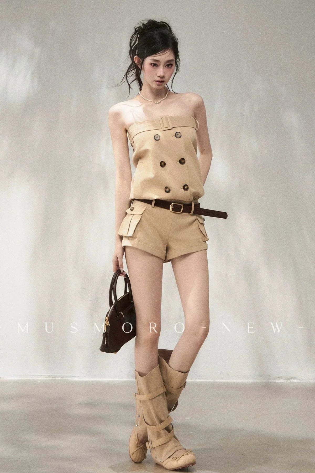 Khaki Double-Breasted Strapless Cargo Jumpsuit