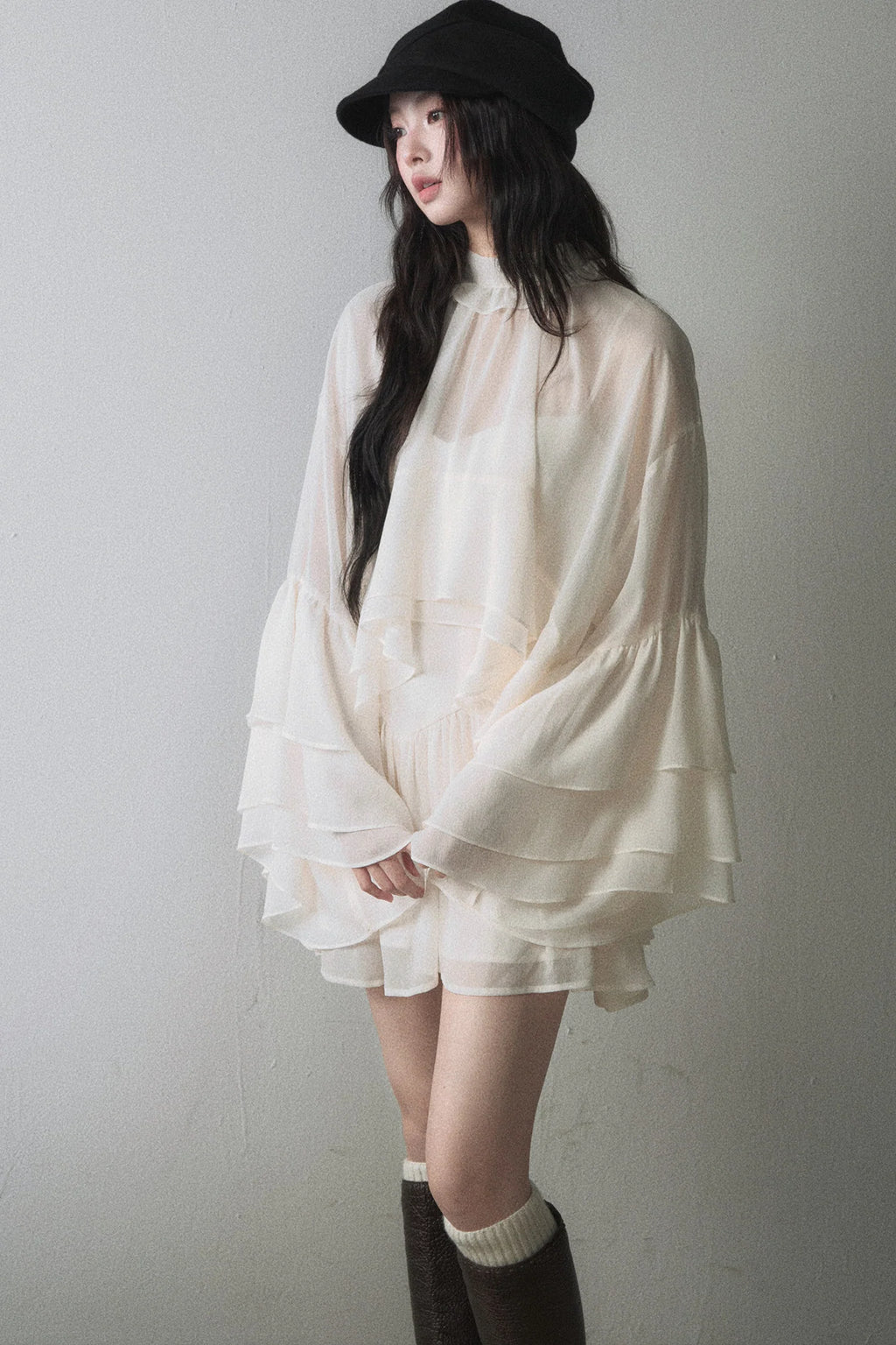 Ruffled Long-Sleeve Blouse and Suspender Dress Set-Up