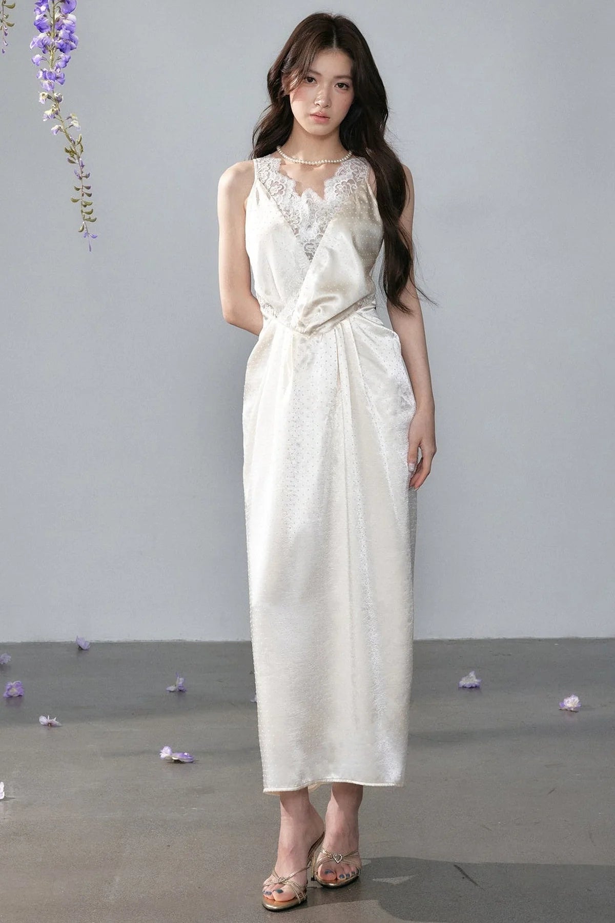 Satin Polka Dot Lace Long Dress