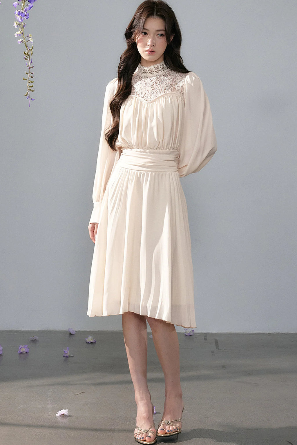 Pleated Lace Mid-Length Dress