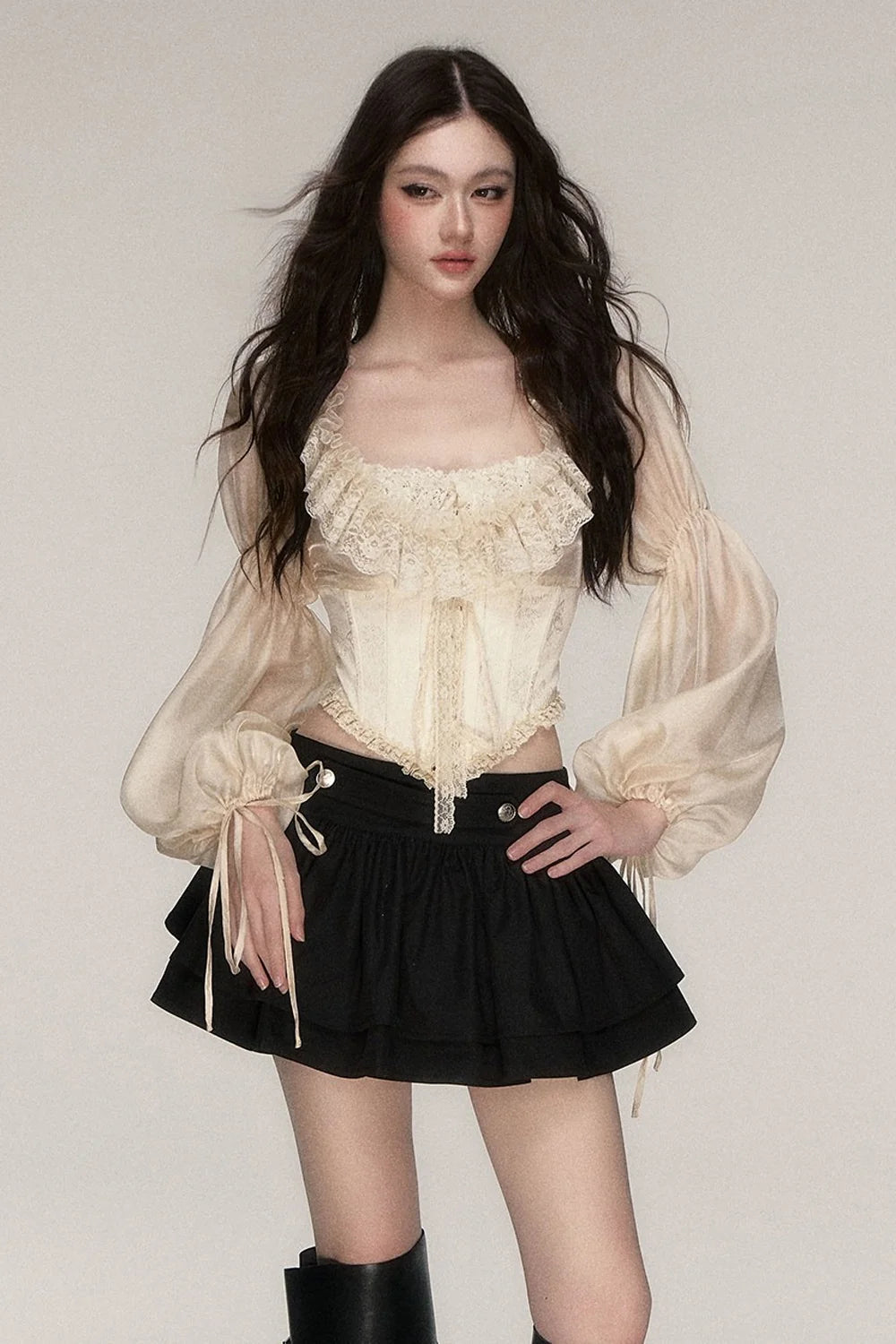 Beige Lace Jacquard Corset Lace-Up Top