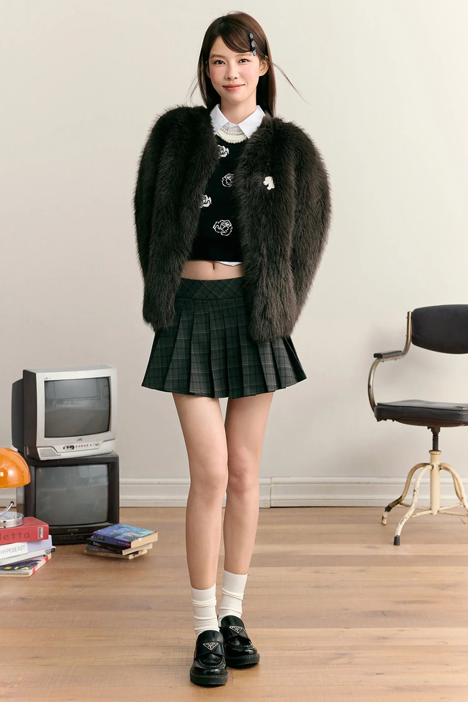 High-Waisted Plaid Pleated Skirt