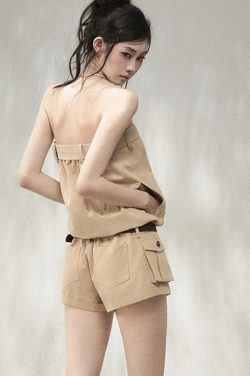 Khaki Double-Breasted Strapless Cargo Jumpsuit