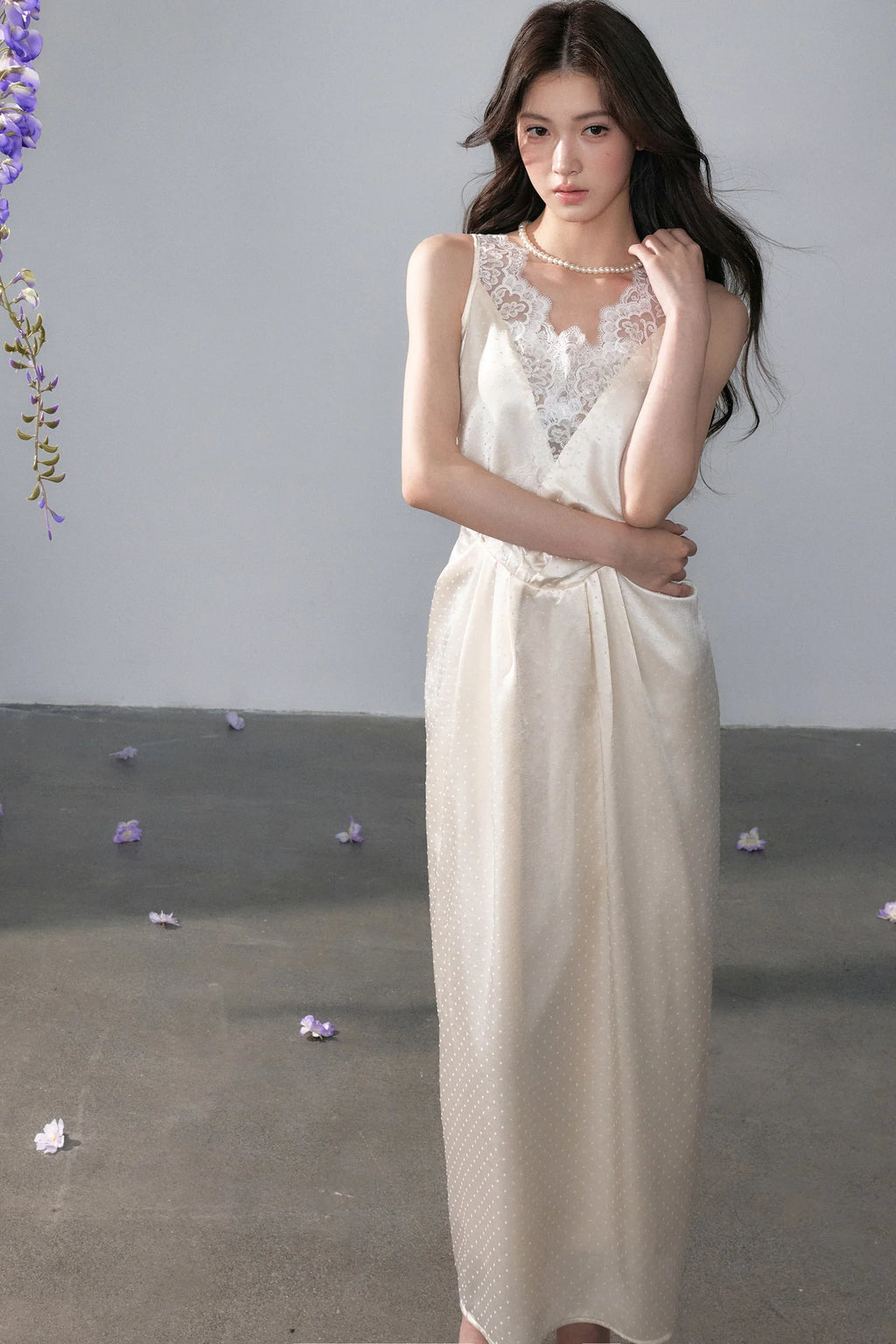 Satin Polka Dot Lace Long Dress