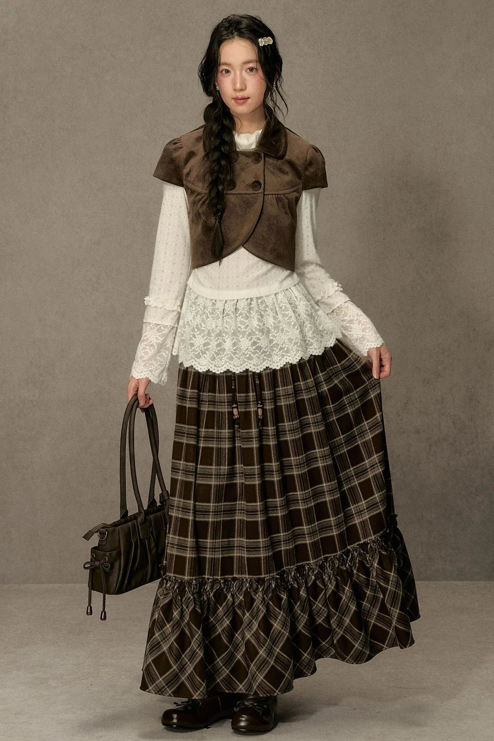 Elastic Waist Plaid Ruffle Skirt